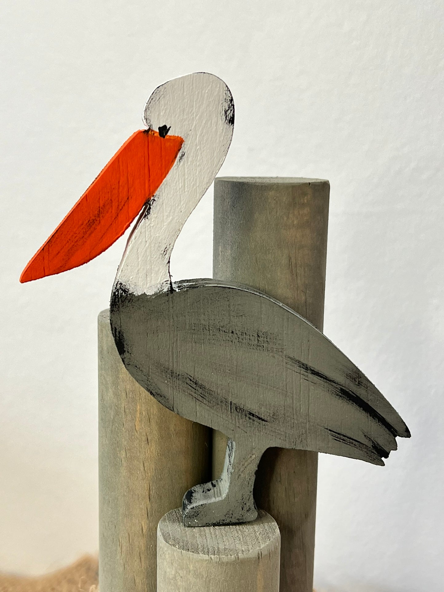Beach Pilings with Pelican: Coastal Shelf Decor