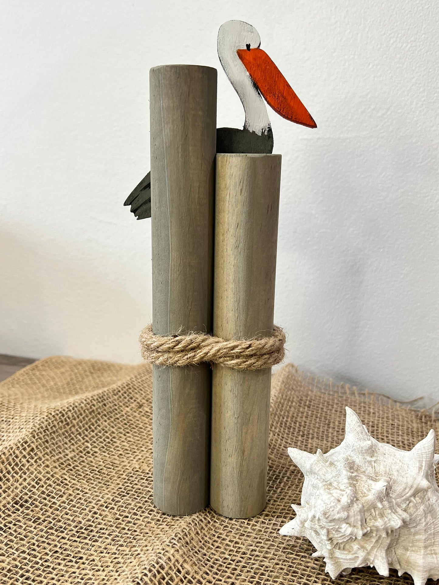 Beach Pilings with Pelican: Coastal Shelf Decor