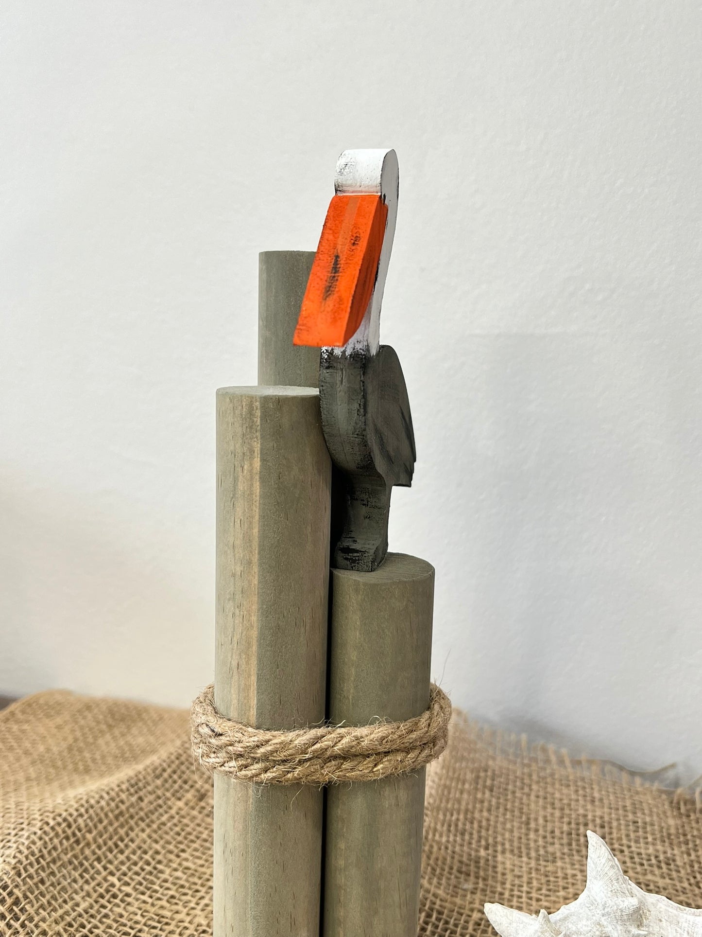 Beach Pilings with Pelican: Coastal Shelf Decor