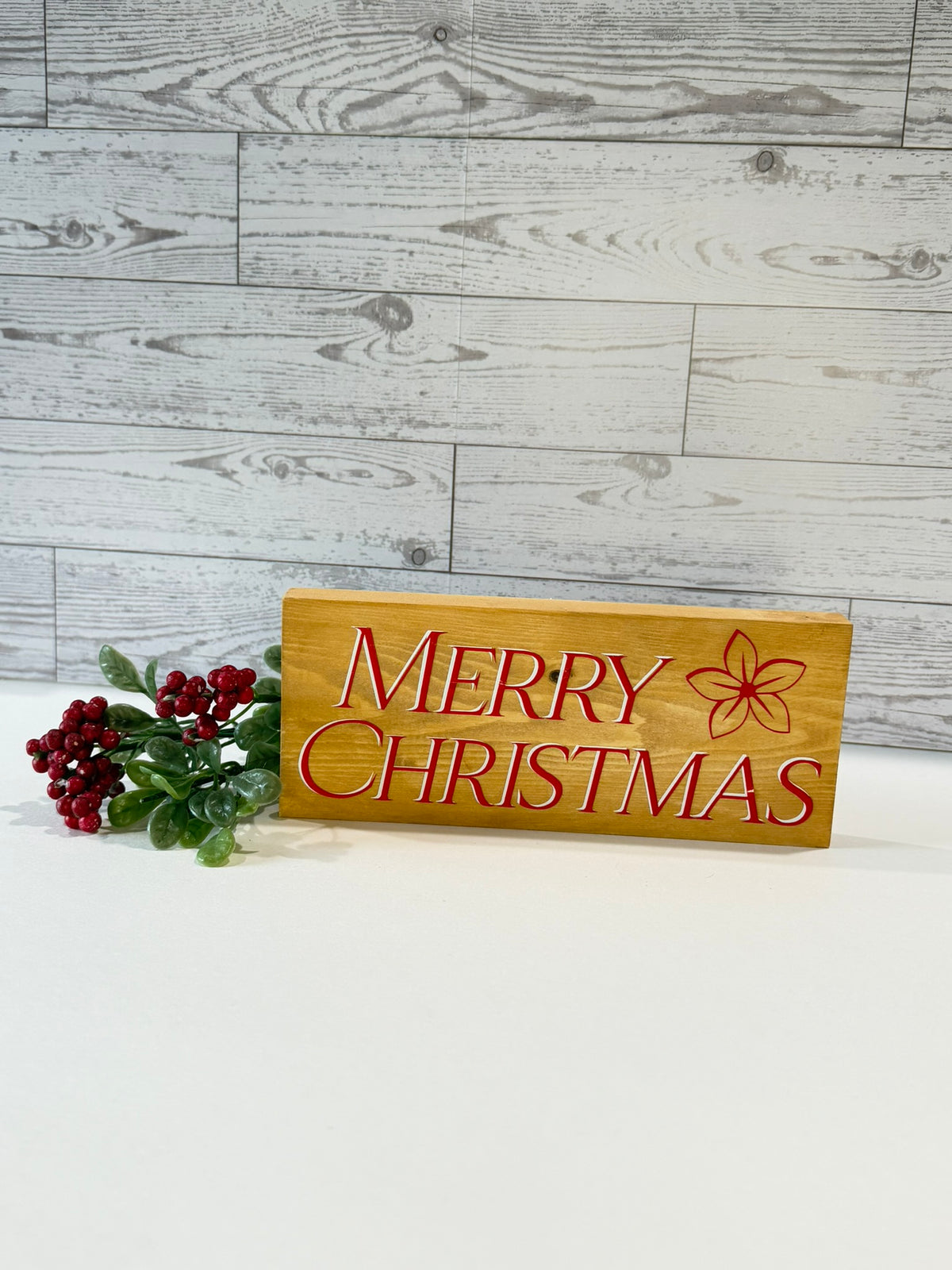 Merry Christmas Sign, Natural Wood, Red Lettering, Floral Accent