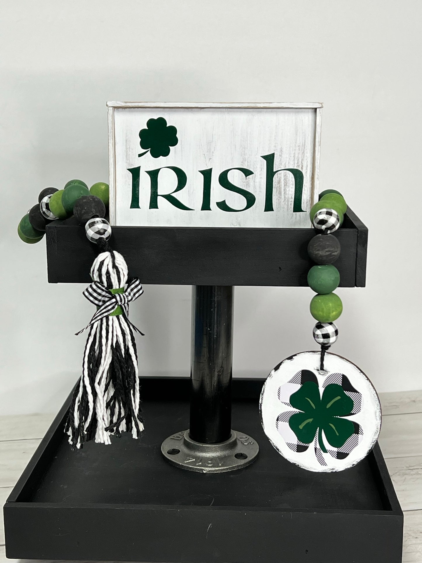 Irish Tiered Tray Sign, Buffalo Check Shamrock Beaded Garland