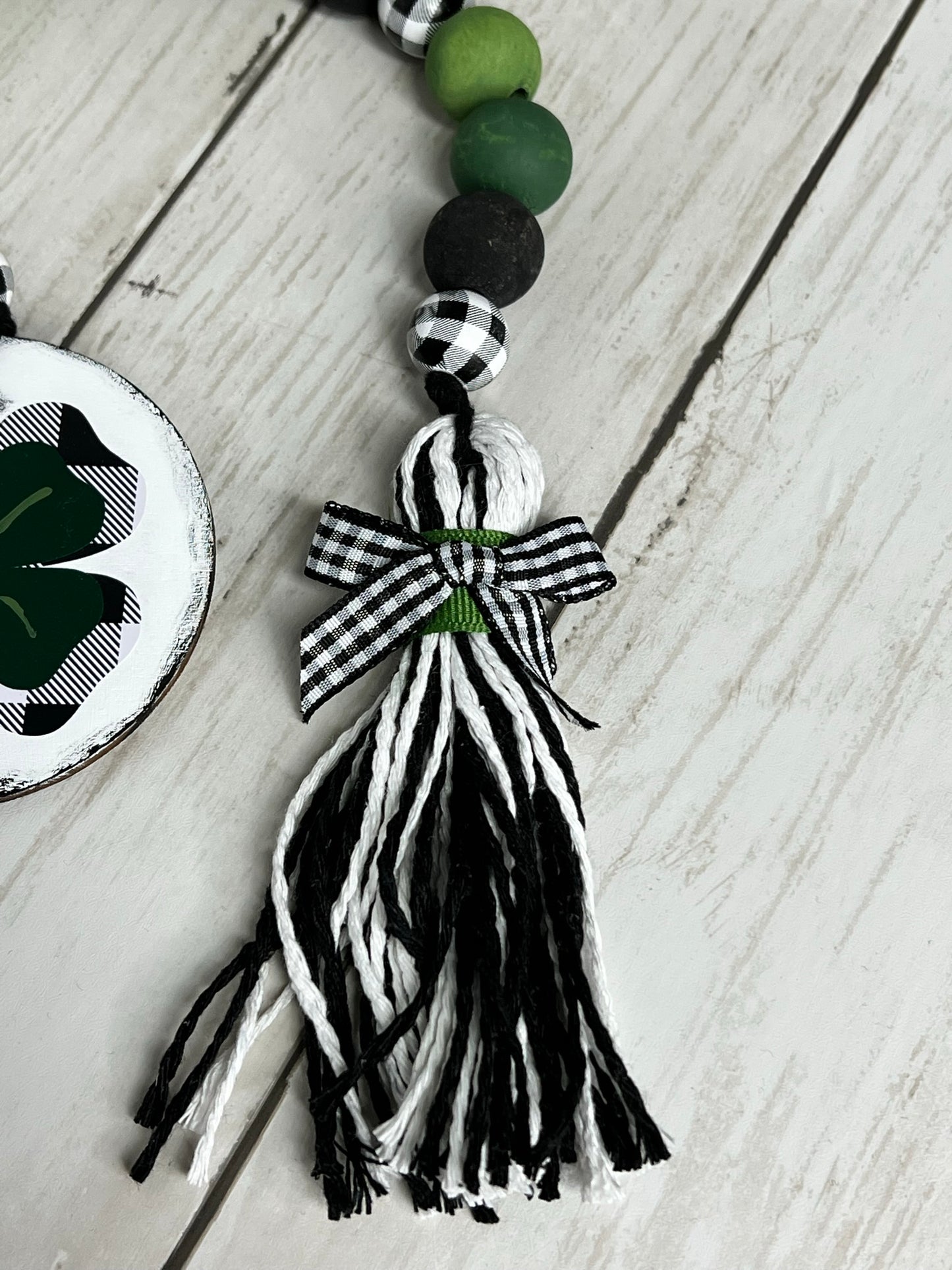 Irish Tiered Tray Sign, Buffalo Check Shamrock Beaded Garland