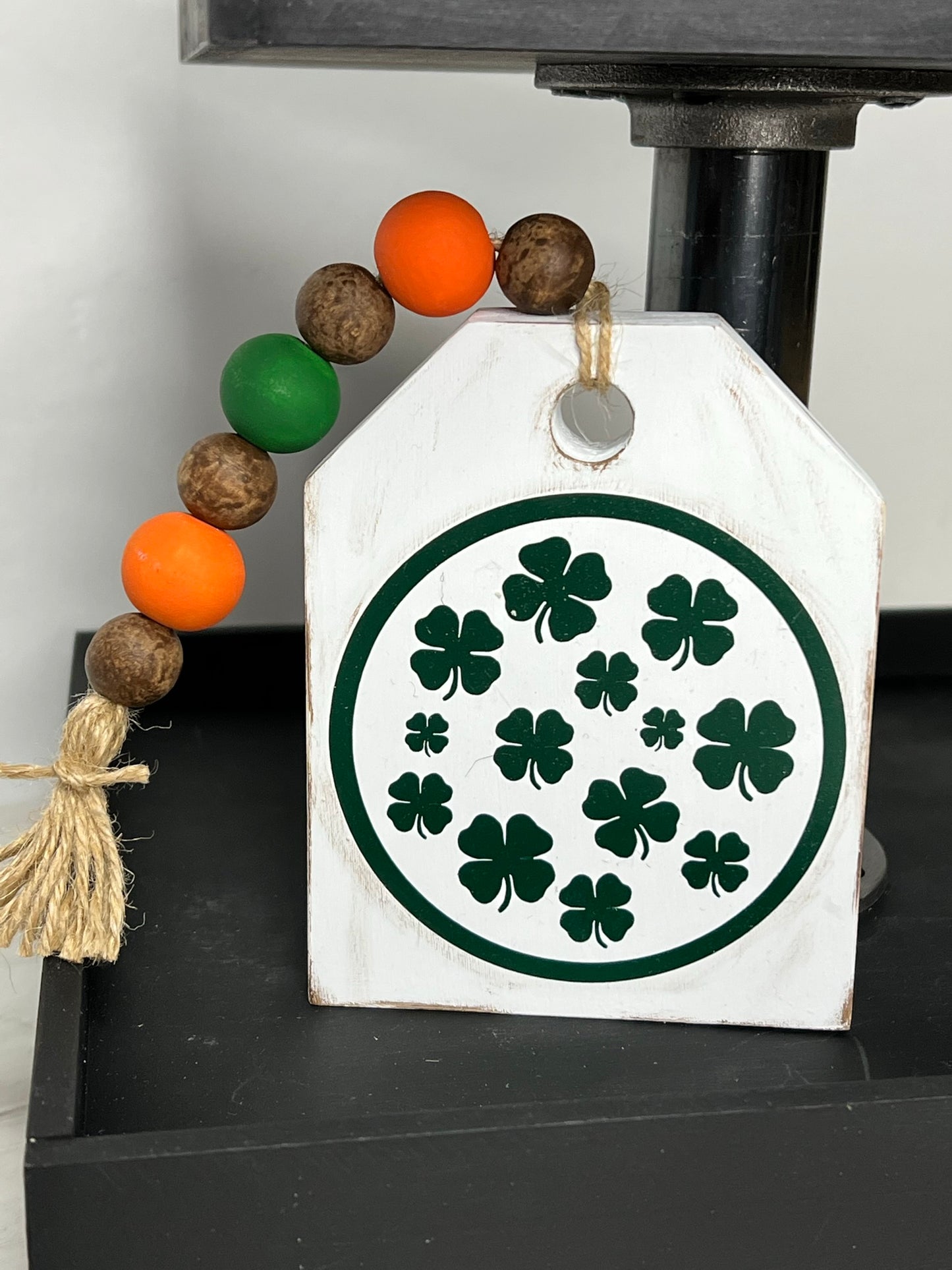 Rustic Shamrock Wooden Tag with Mini Beaded Garland