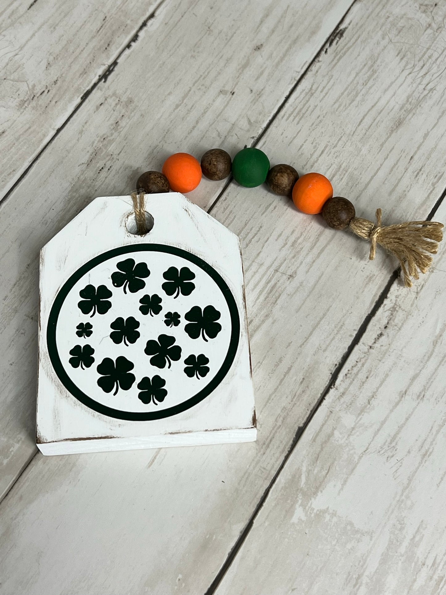 Rustic Shamrock Wooden Tag with Mini Beaded Garland