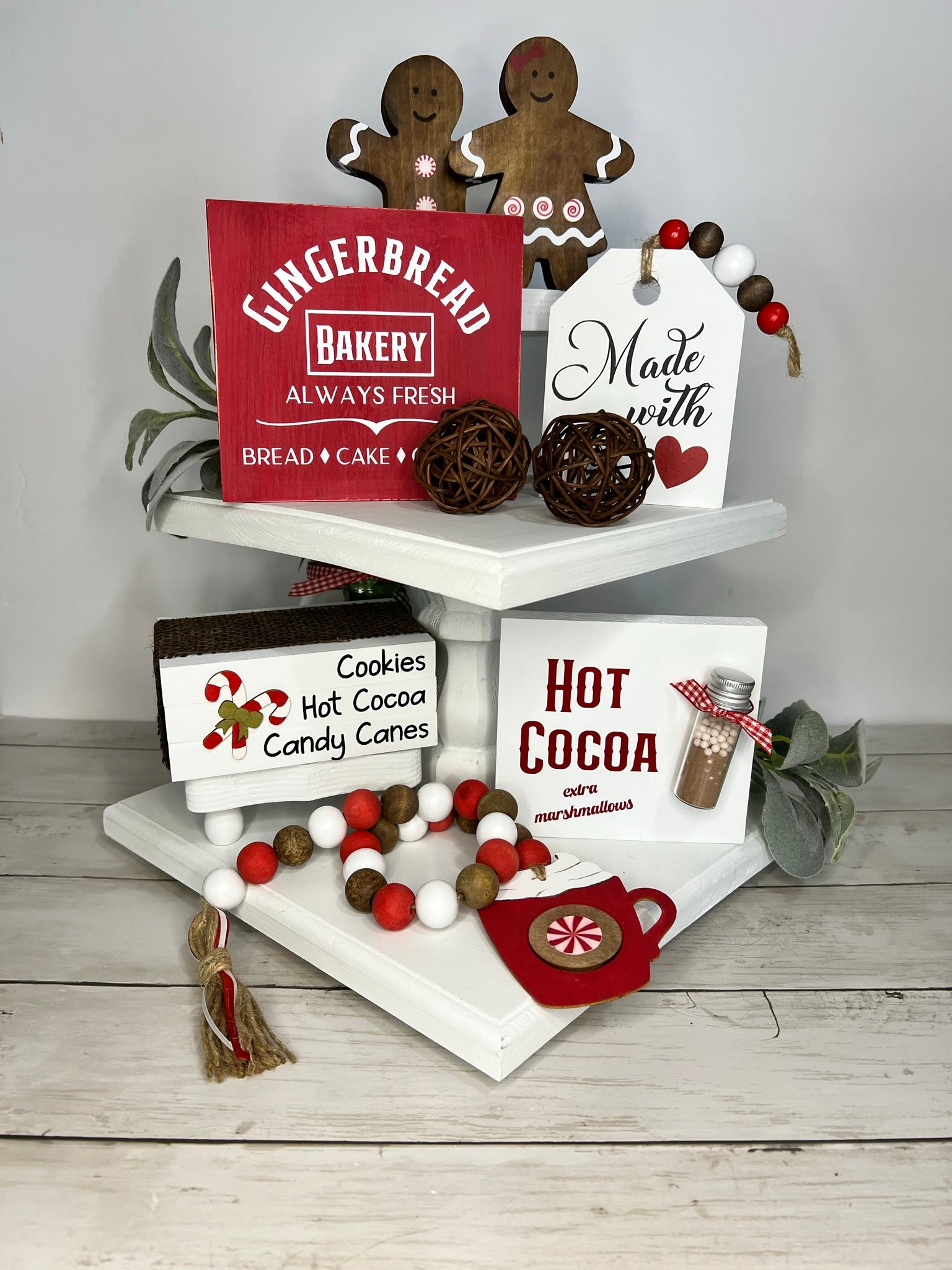 3pc Christmas Hot Cocoa Stand Gingerbread Candy Cane Tier Tray Sign Figure