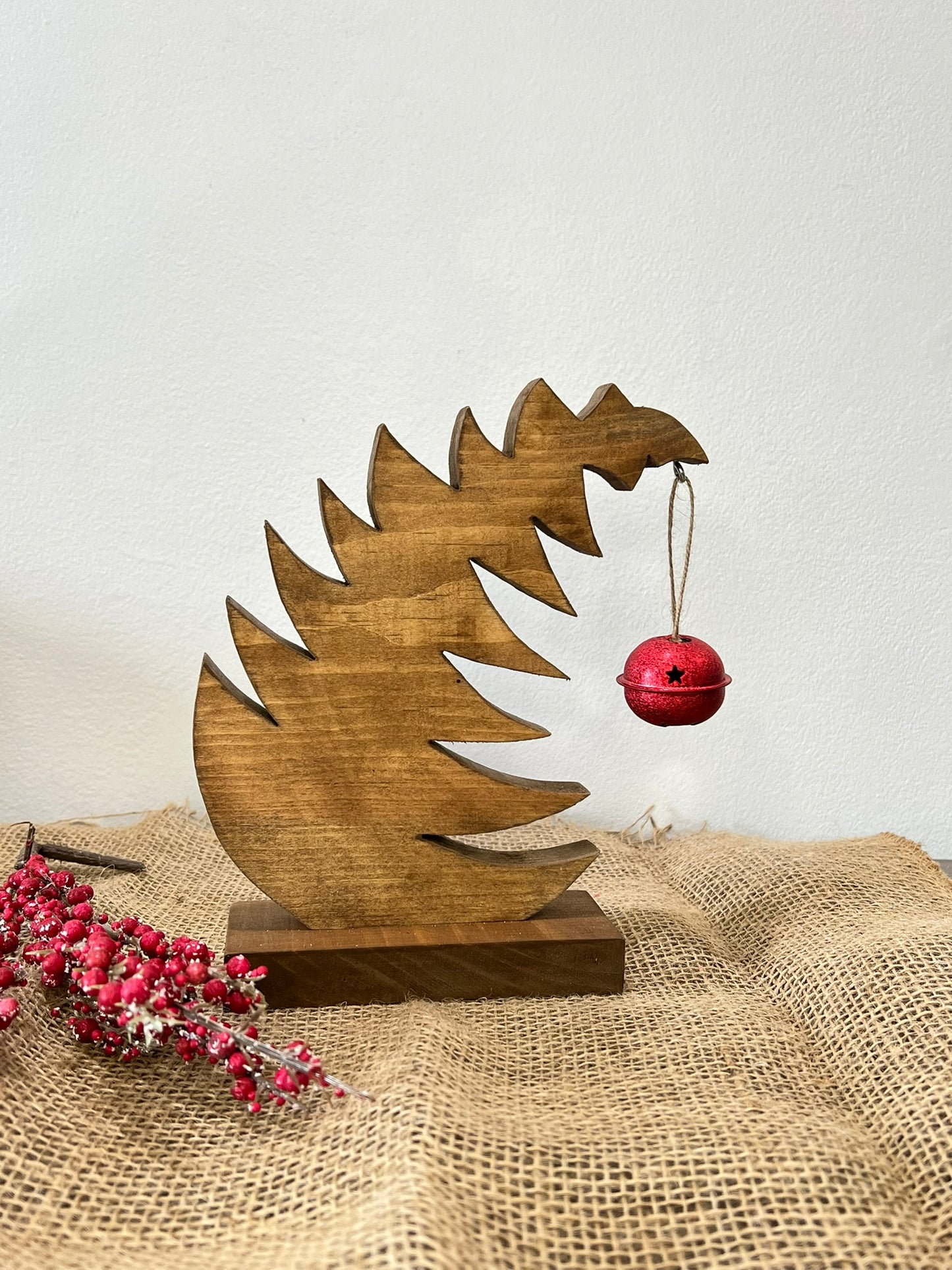 Leaning Farmhouse Style Christmas Tree with Hanging Bell