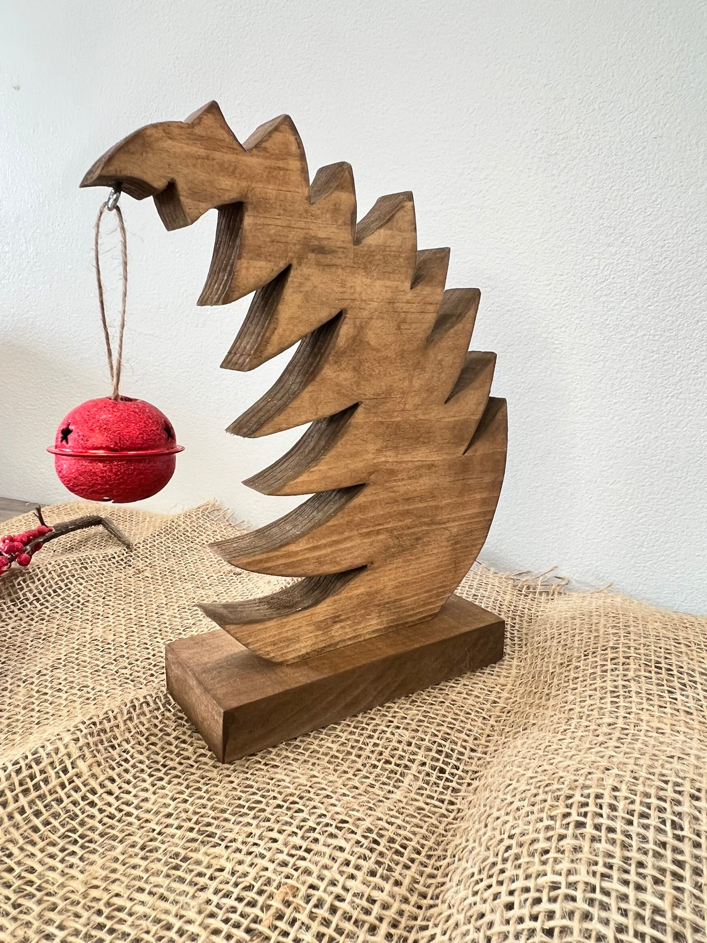 Leaning Farmhouse Style Christmas Tree with Hanging Bell