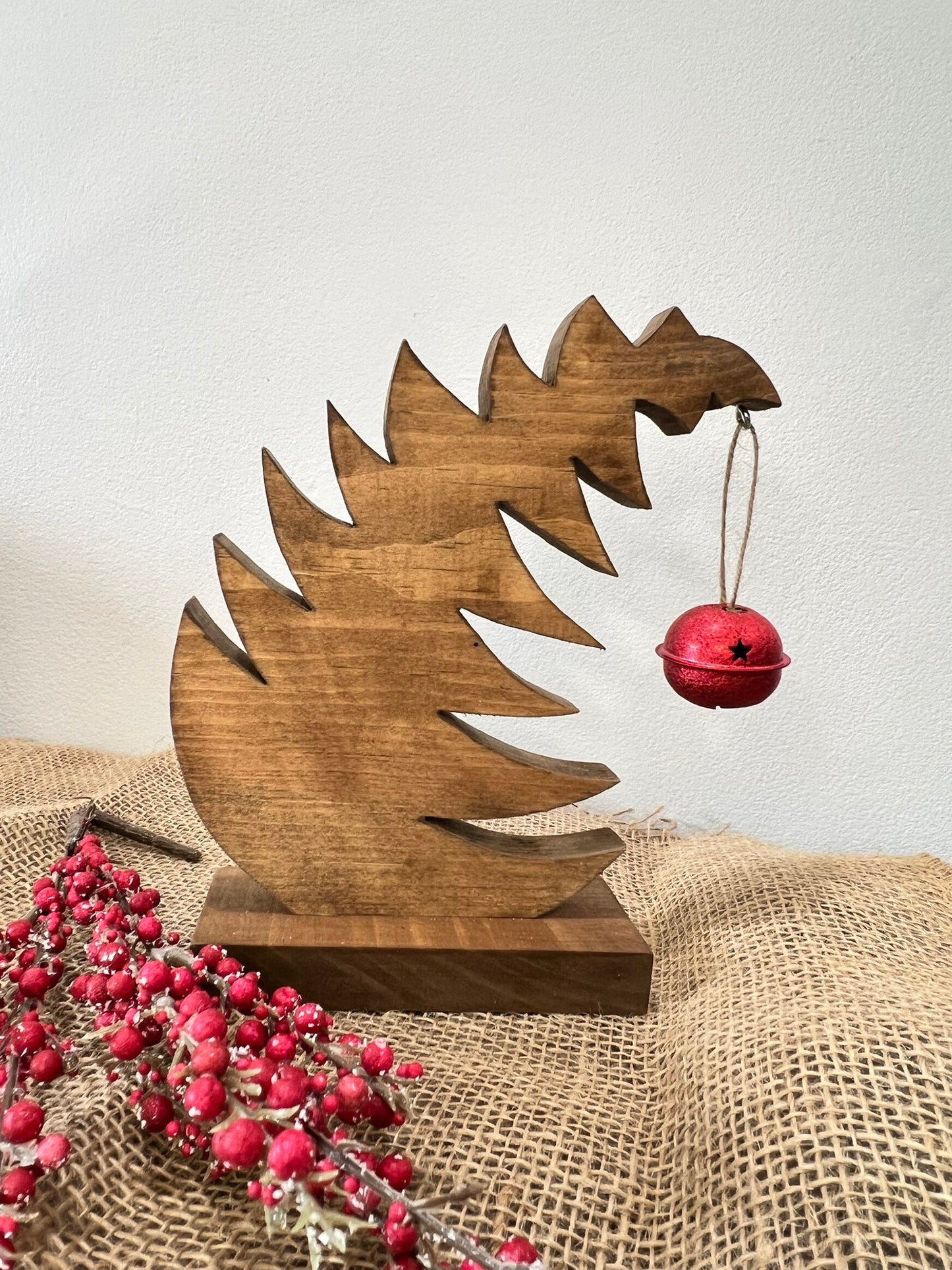 Leaning Farmhouse Style Christmas Tree with Hanging Bell