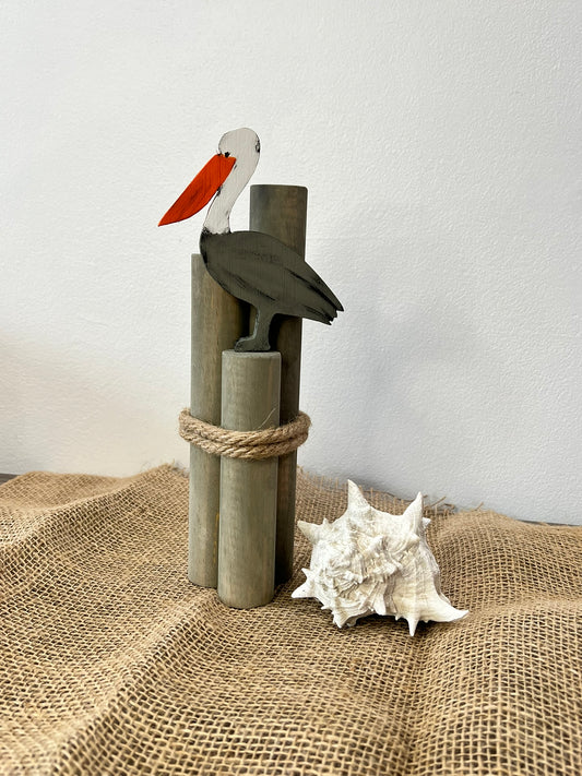 Beach Pilings with Pelican: Coastal Shelf Decor