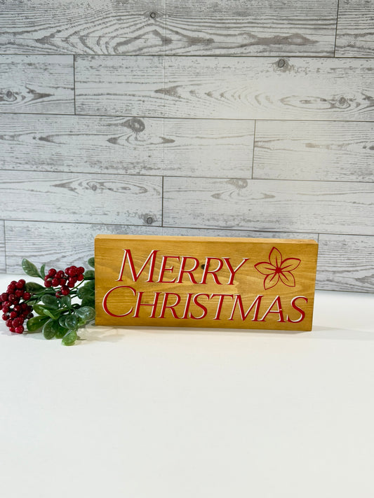 Merry Christmas Sign, Natural Wood, Red Lettering, Floral Accent