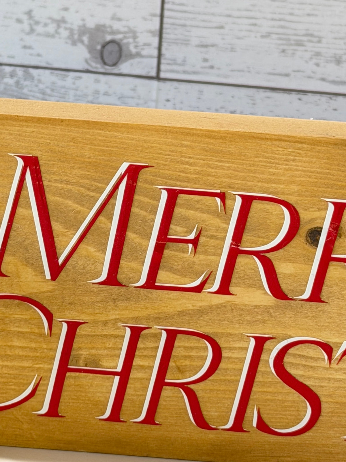 Merry Christmas Sign, Natural Wood, Red Lettering, Floral Accent