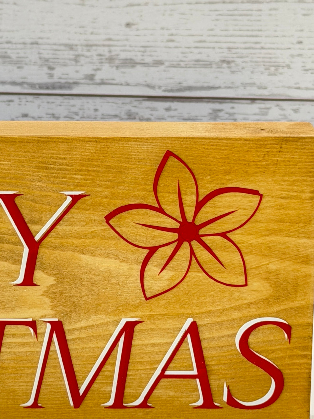 Merry Christmas Sign, Natural Wood, Red Lettering, Floral Accent