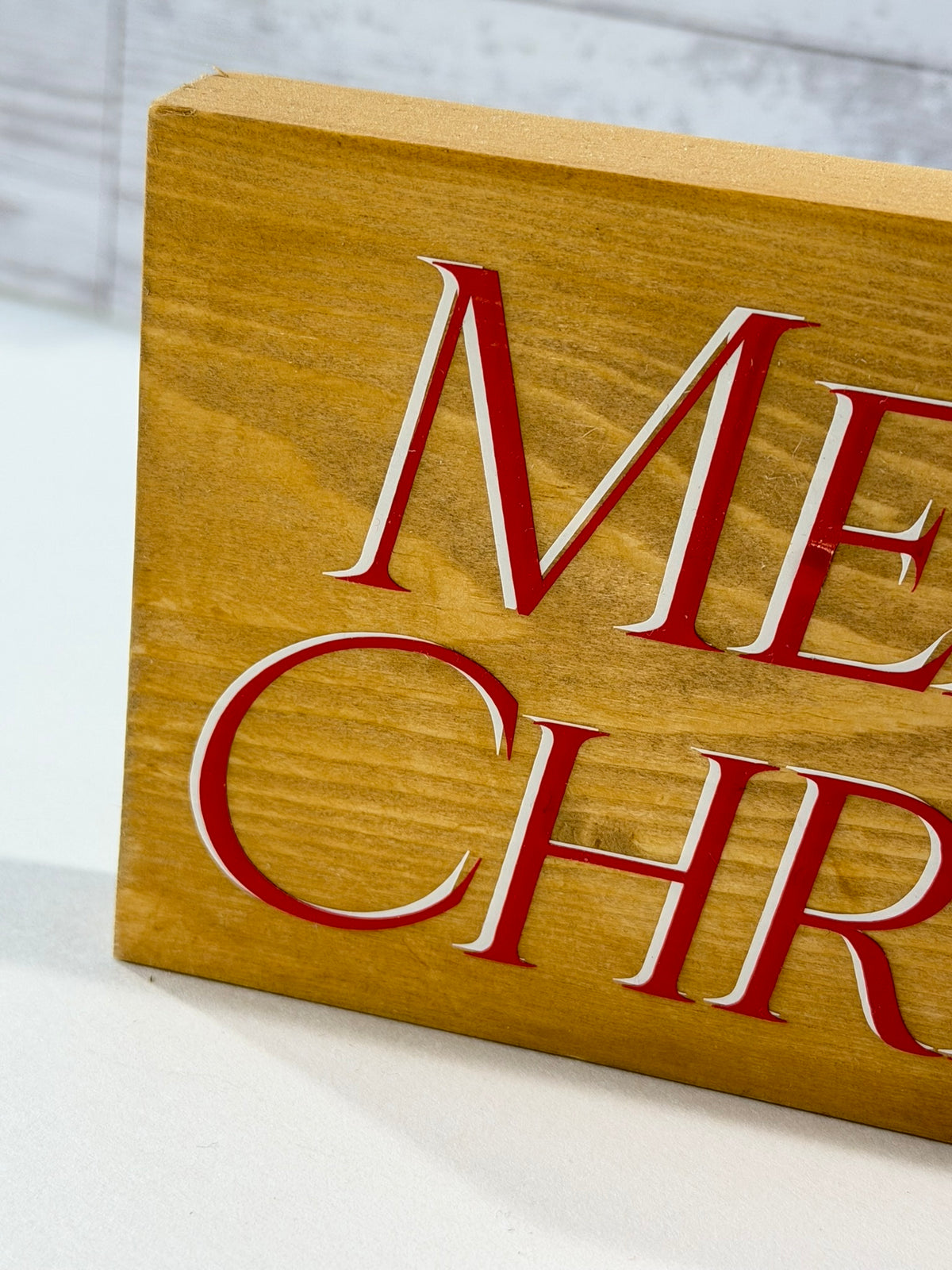 Merry Christmas Sign, Natural Wood, Red Lettering, Floral Accent