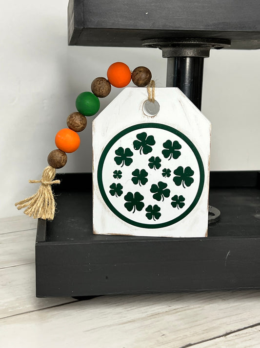 Rustic Shamrock Wooden Tag with Mini Beaded Garland
