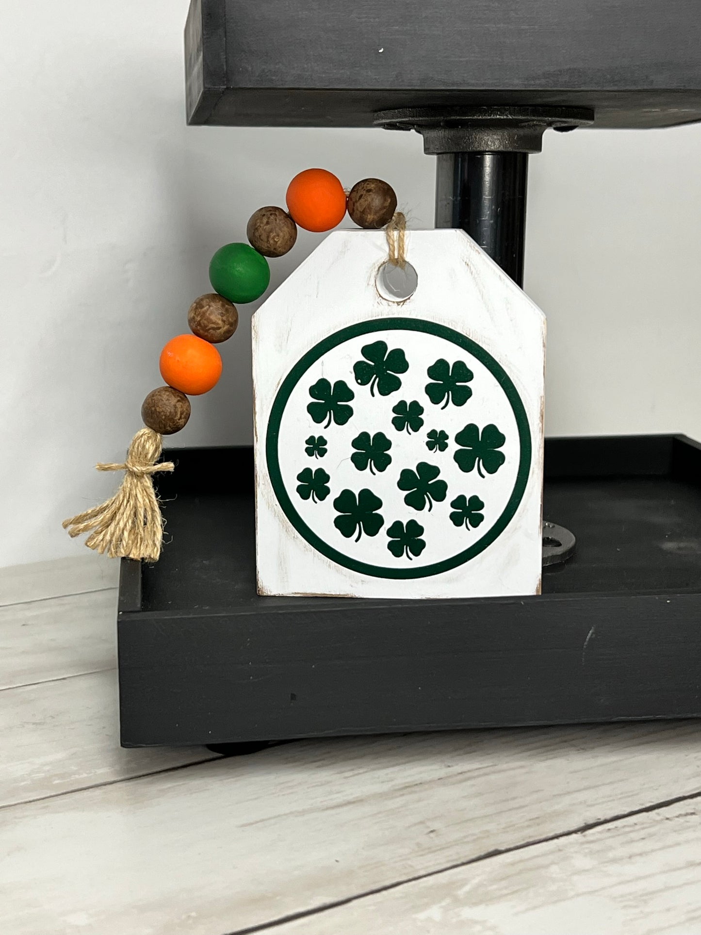 Rustic Shamrock Wooden Tag with Mini Beaded Garland