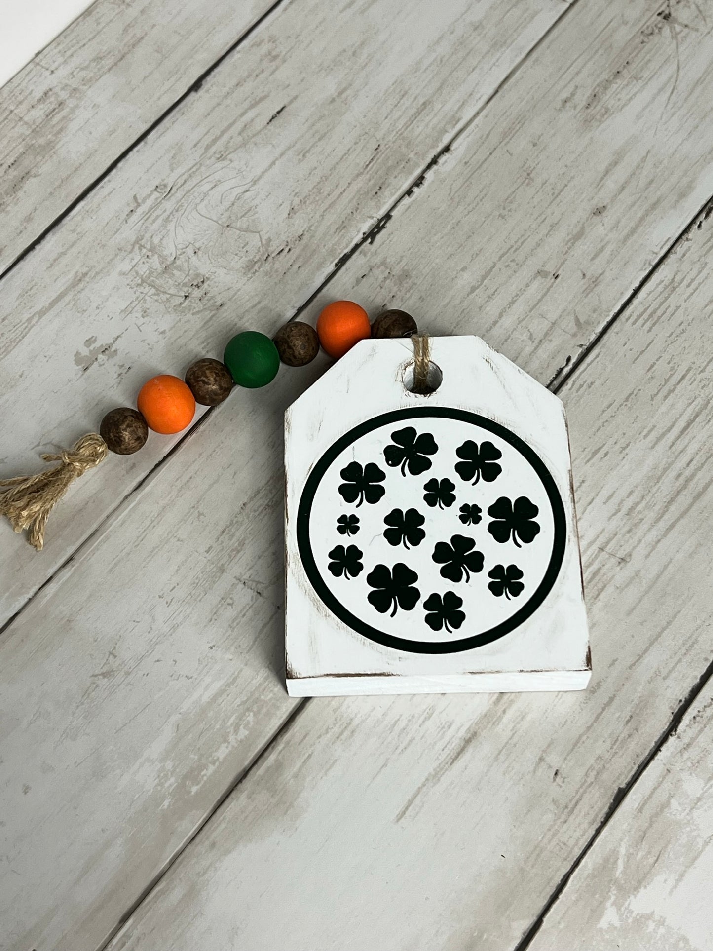 Rustic Shamrock Wooden Tag with Mini Beaded Garland